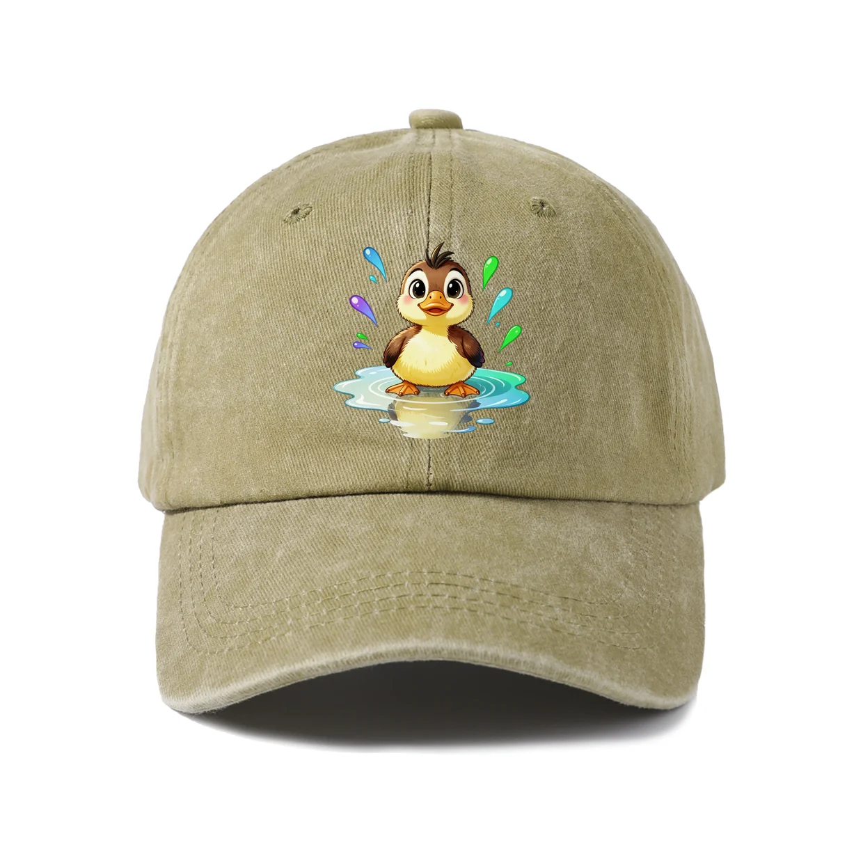 Vintage Washed Baseball Cap with Yellow Duck Character Graphic, Adjustable Unisex Dad Hat, Streetwear Gift