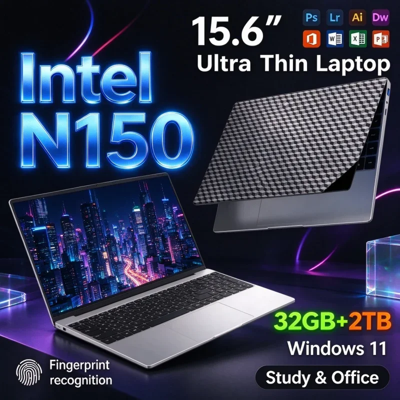 15.6'' Ultra Thin Windows11 Notebook PC 2026 New Laptop Intel N150 32GB RAM 1TB 2TB SSD FHD For Daily Student Office Gaming Use