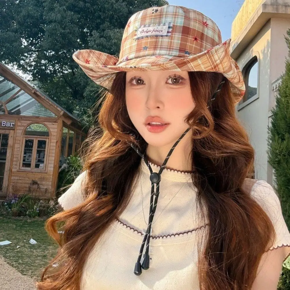

Star Women Sun Hat Wide Brim Sun Protection Plaid Fisherman Hat Breathable Japanese Style Sunscreen Bucket Hat Ladies/Girls