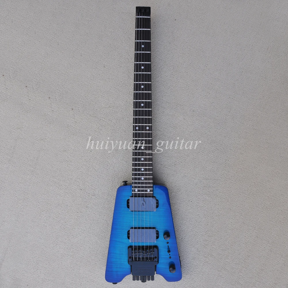 Flyoung 6 Strings Blue Headless Floyd Electric Guitar with Flame Maple Veneer Rosewood Fretboard 24 Frets