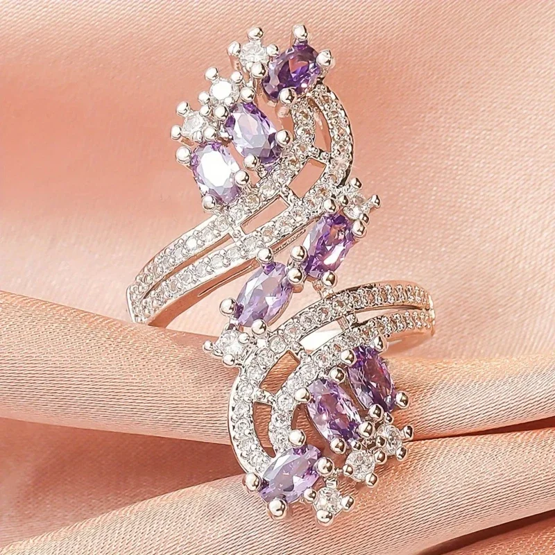 Gorgeous Elegant Women's Silver Plated Ring Inlay Shiny Synthetic Zircon Banquet Wedding Charm Ring Fashionable Jewelry Gift