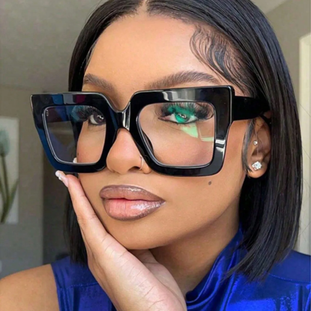 2025 Neue modische Anti-Blaulicht-Brille für Männer und Frauen, zweifarbige transparente quadratische flache Brille mit großem Rahmen 8561