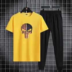 Summer new men's round neck quick drying casual sports and fitness breathable short sleeved+long pants set, two-piece set