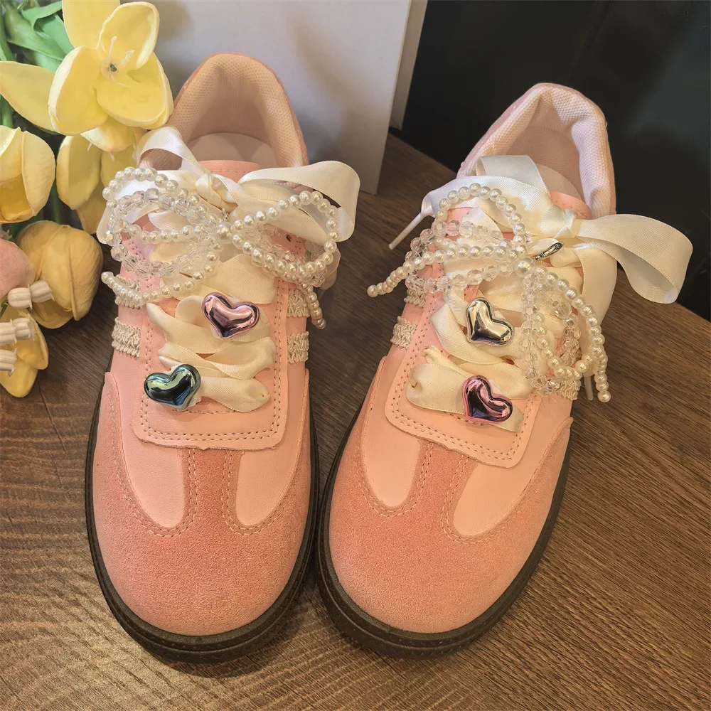 Hand Woven Flower Shoe Laces Charms for Sneakers Girl Pearl Crystal Bow Shoe Charm DIY Colorful Love Buckle Shoes Decorations