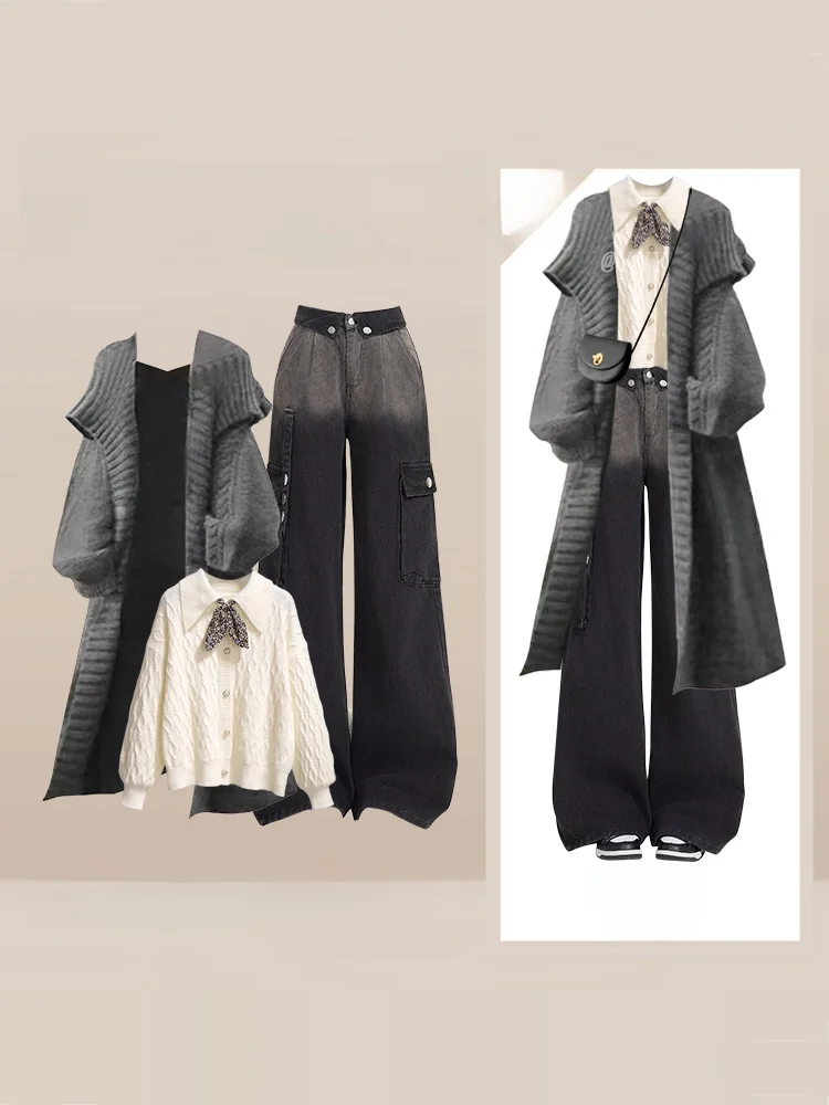 

Loose Long Knitted Sweater Coat Women's Faion Set Vintage Wide Leg Workwear Pants Tee Piece Suite Autumn Spring Casual