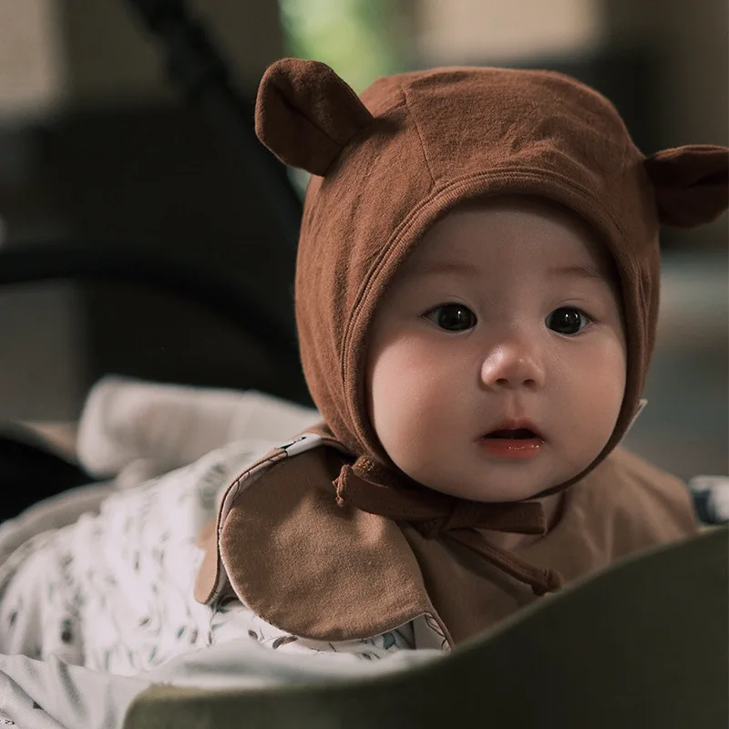 Kiorean Fashion Style Baby Boy Girl Ear Flap Hat |ream Beige Bear Ears Pull-On Bonnet with Ties for Newborn Photo Phoro Pajjkoer