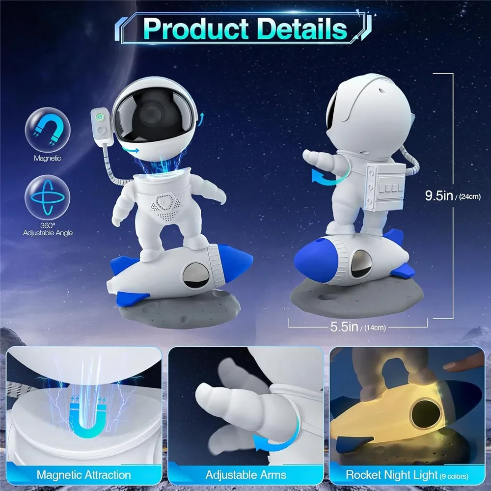 Rocket Astronaut Galaxy Projector Night Light Lamp Sky Projector 360° Rotate Adjustable Bedroom Nebula Projection For Kids Gifts