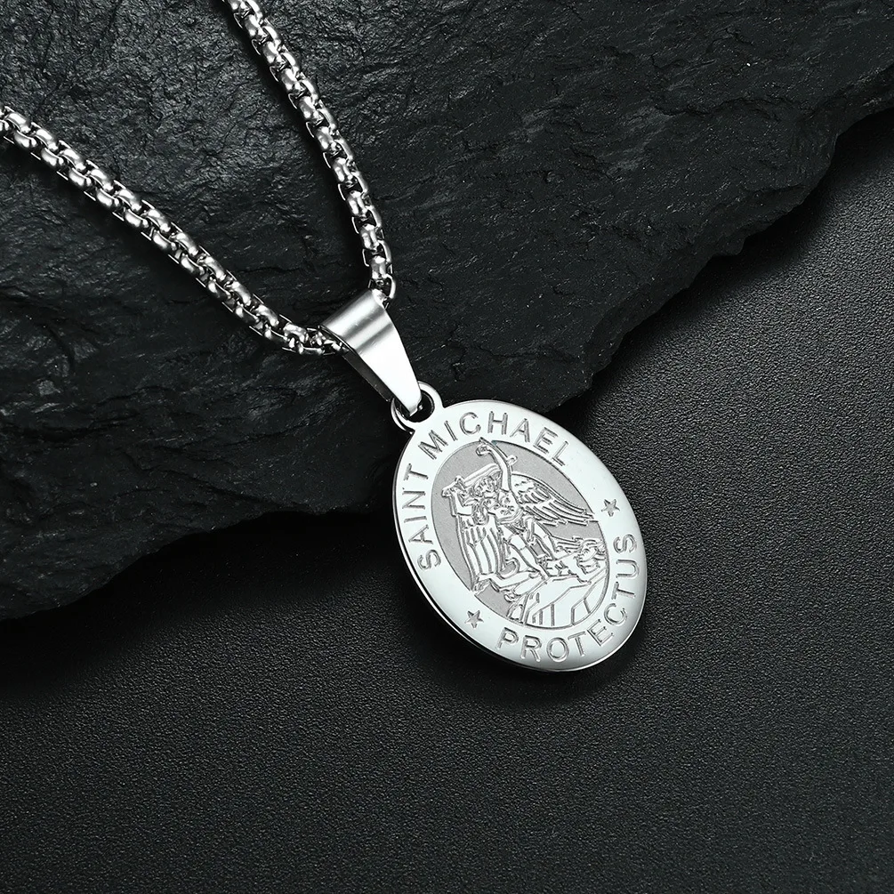 Saint Michael Pendant Necklace for Men Stainless Steel Christopher Medal Archangel Catholic Religious Boys Gift Jewelry