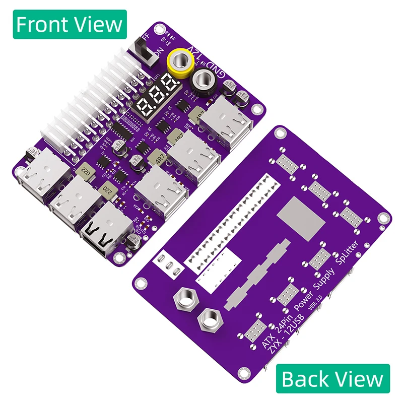 ATX 24Pin Power Supply Breakout Board Adapter Acrylic Case Kit 12 Port USB2.0 3 Digit LED Display 12V Output Support QC2.0 QC3.0