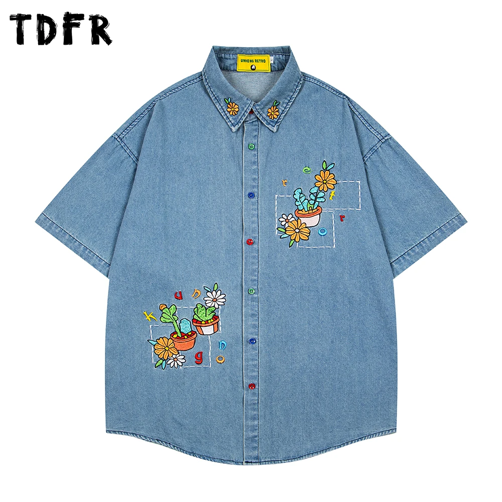 Flower Embroidery Denim Short Sleeve Shirts Mens Summer Retro Casual Loose Lapel Single Breasted Half-Sleeve Curved Hem Man