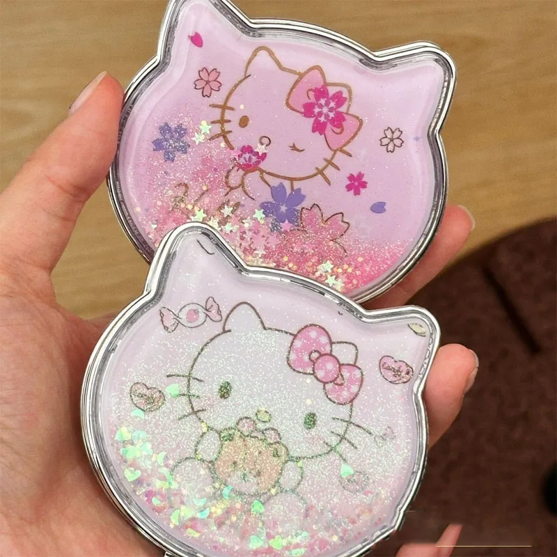 Kawaii Sanrio Hello Kitty, маленькое зеркало с струящимся песком, портативное мини-двустороннее складное зеркало, студенческий фестиваль, креативные подарки