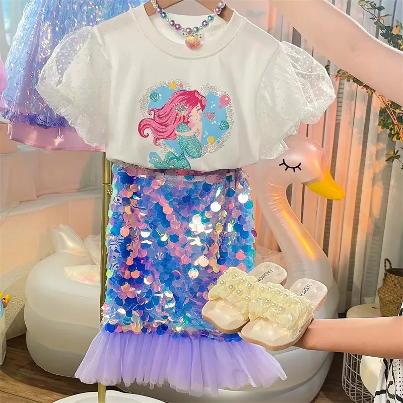 3-8T Summer Sequin Dress Set for Girls Toddler Kid Baby Girl 2pcs Clothes Set Mermaid Print Top Skirt Set Princess Outfit