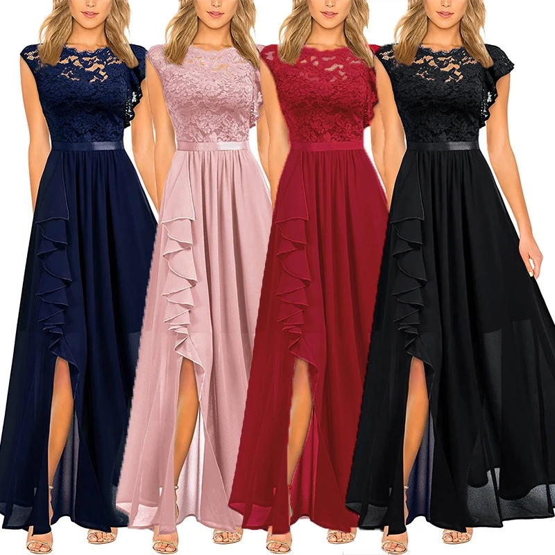 

Harajuku Vintage Elegant Long Maxi Dress 2025 New Fashion High Waist Round Neck Party Wedding Dresses Spliced Lace Chiffon Dress