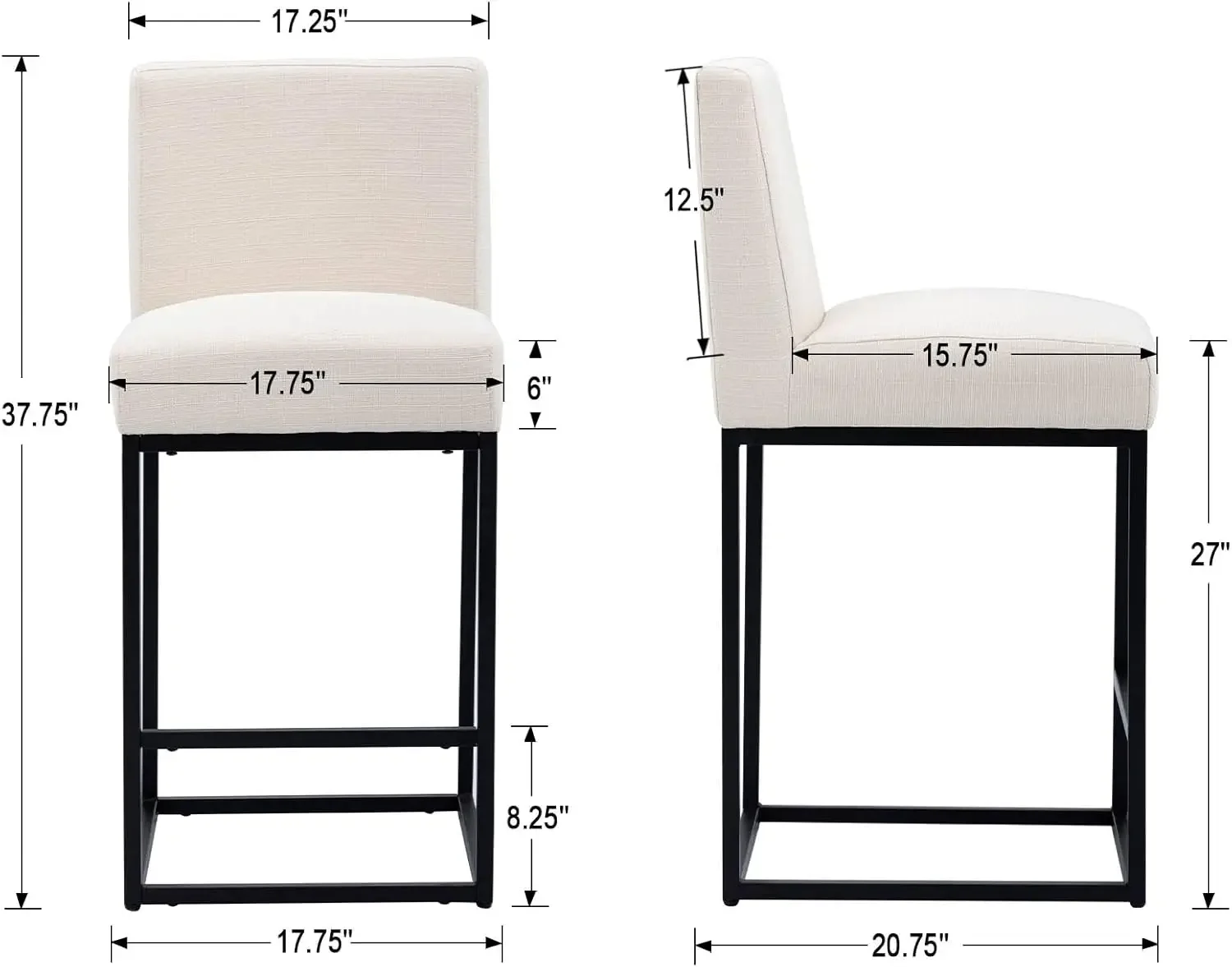 Conjunto de 2 bancos de bar com altura de balcão de 27", bancos estofados de linho para ilha de cozinha com encosto acolchoado e estrutura de metal preto para contagem