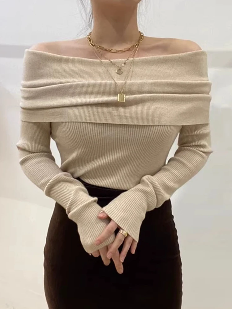 Ele Autumn Winter Knitted Sweater Long Sve One-oulder Bony Exposure Slimming Versatile Women's Faion Commute Sle