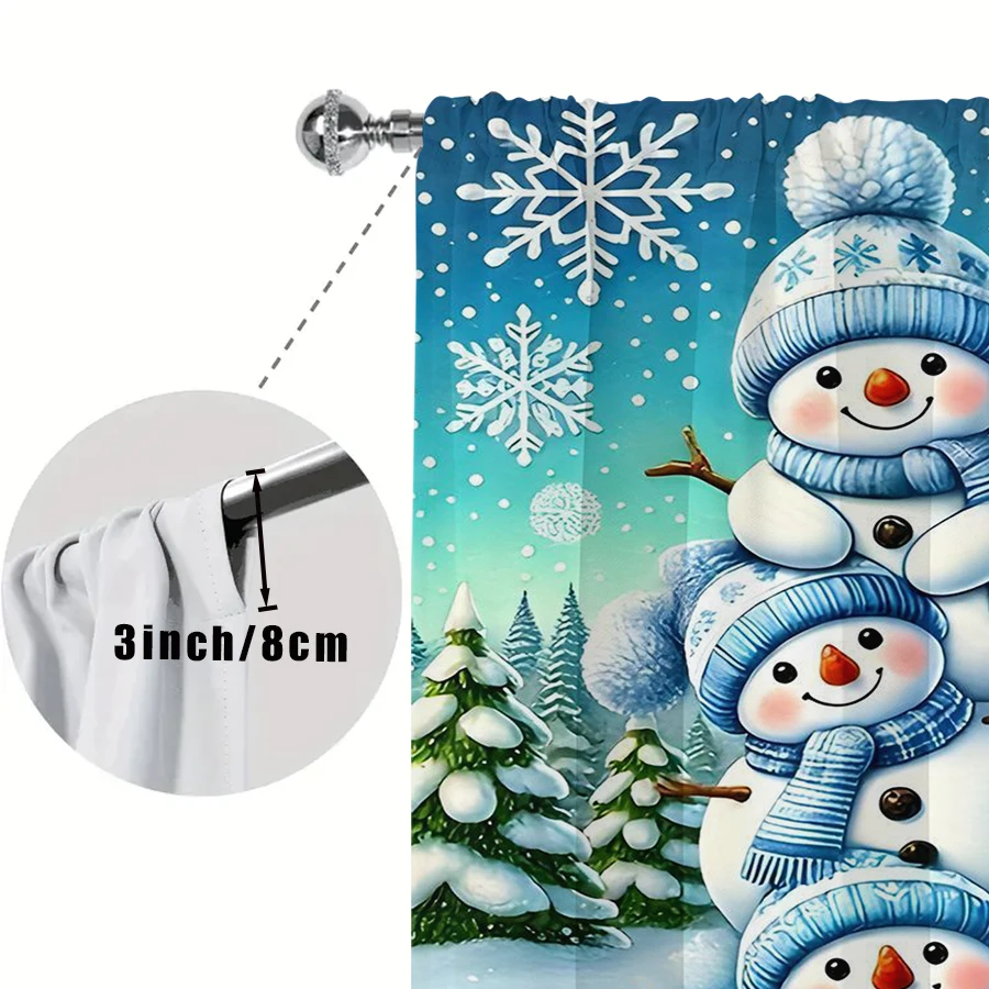 2PCS Blue Stacked Snowmen Curtains, Three Snowman Snowflake Forest Christmas Window Drapes for Kids Bedroom Living Room