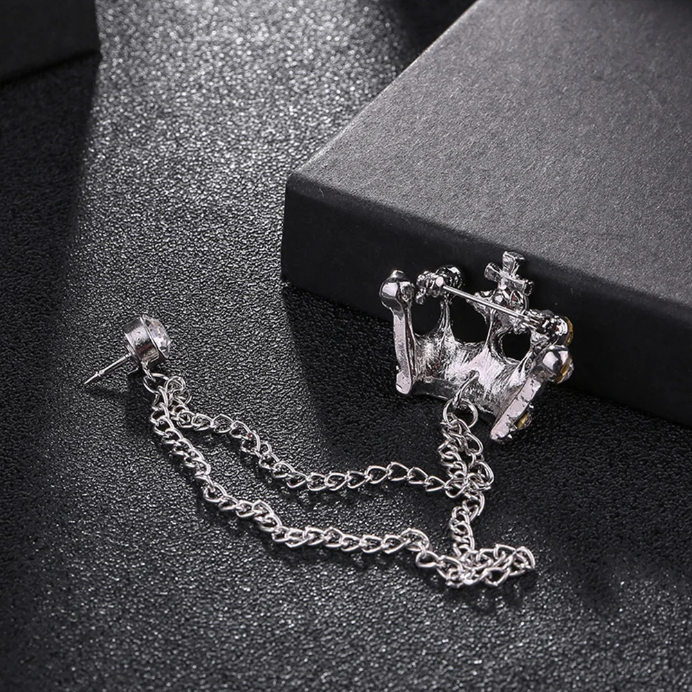 Korean British Style Crown Brooch Suit Tassel Chain Lapel Pin Zircon Badge Female Corsage Men Accessories for Wedding Prom