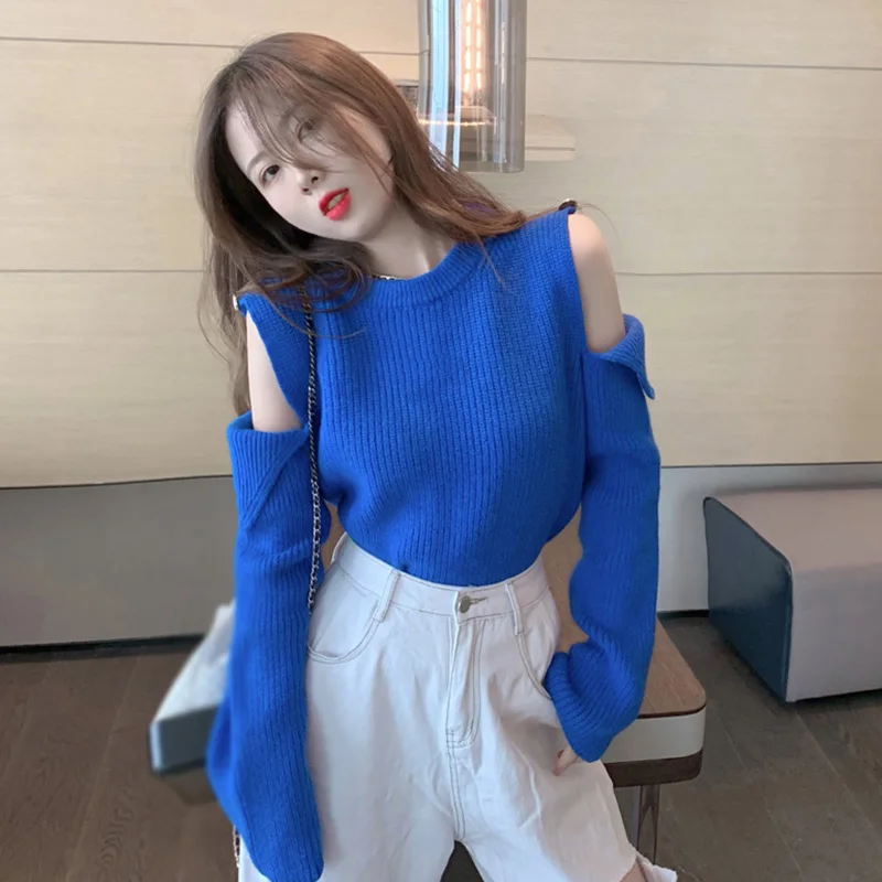 Women Pullover Round Neck Retro Korean Version Simple Slim Long-Sleeved Autumn Winter Off-Shoulder Hollow Design Fashion Sweater