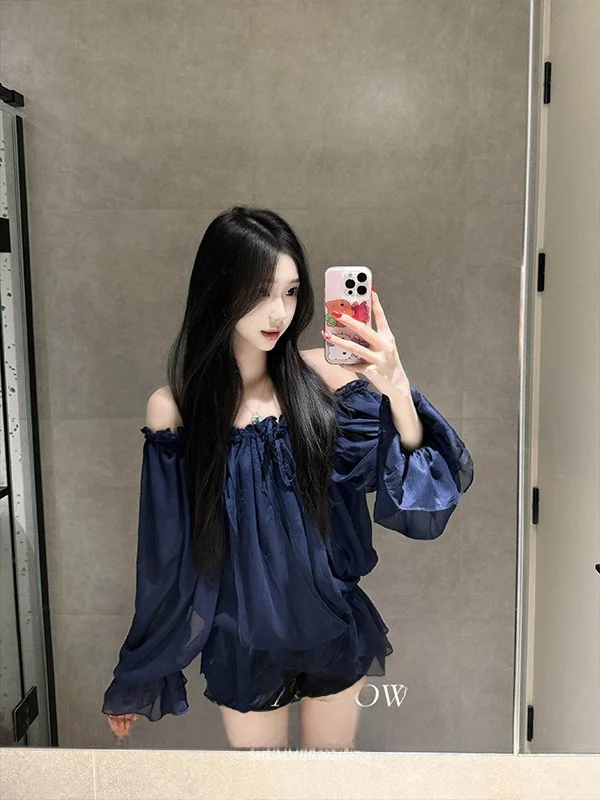 

Elegant Unique Design Chiffon Long Sleeve One Shoulder Hem Shirt Women's Early Spring Fashionable Top French Style Loose Fit