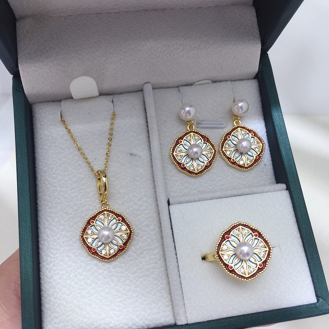 

New Model Retro Chinese Style Freshwater Pearl Set Earrings Rings Pendants Adjustable Exquisite Inlaid Zircon Gift For Woman