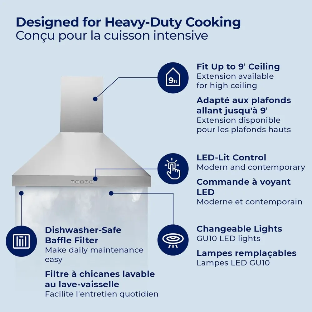 Wall Mount Range Hood 30 Inch, Pro Model, Matte White Range Hood, Strong Suction, Changeable LED Lamps, 6” Duct or Ductless