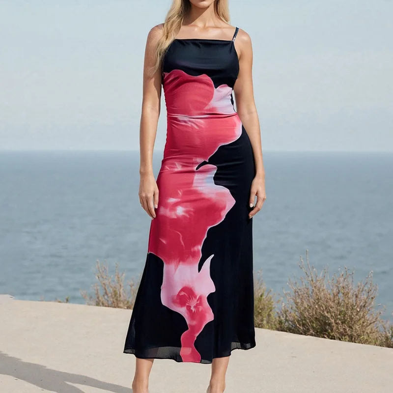 Sexy Strapless Print Tube Maxi Dress Women  Floral Print Sleeveless Cami Dress Fashion Spaghetti Strap Bodycon Dress Summer