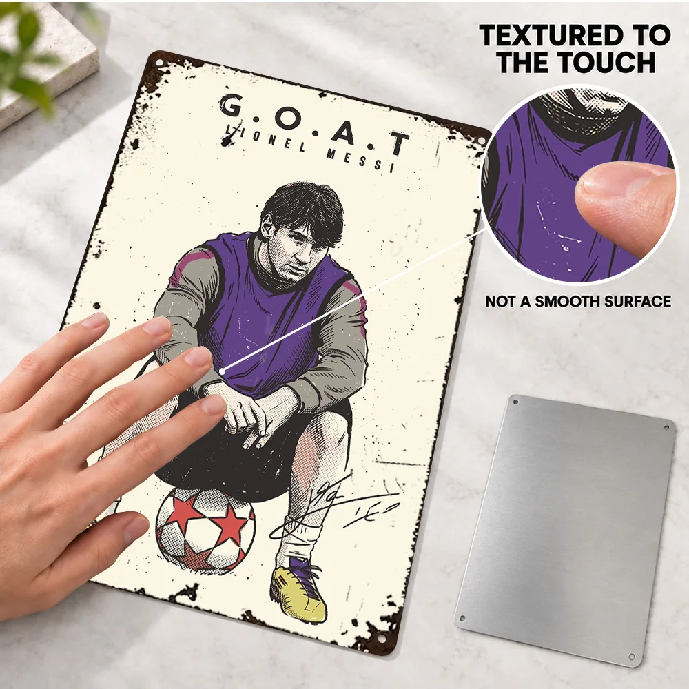 Lionel Messi GOAT Seated Portrait Football Textured Metal Poster Personalized Metal Sign Digital Painting Wall Art For Man Cave