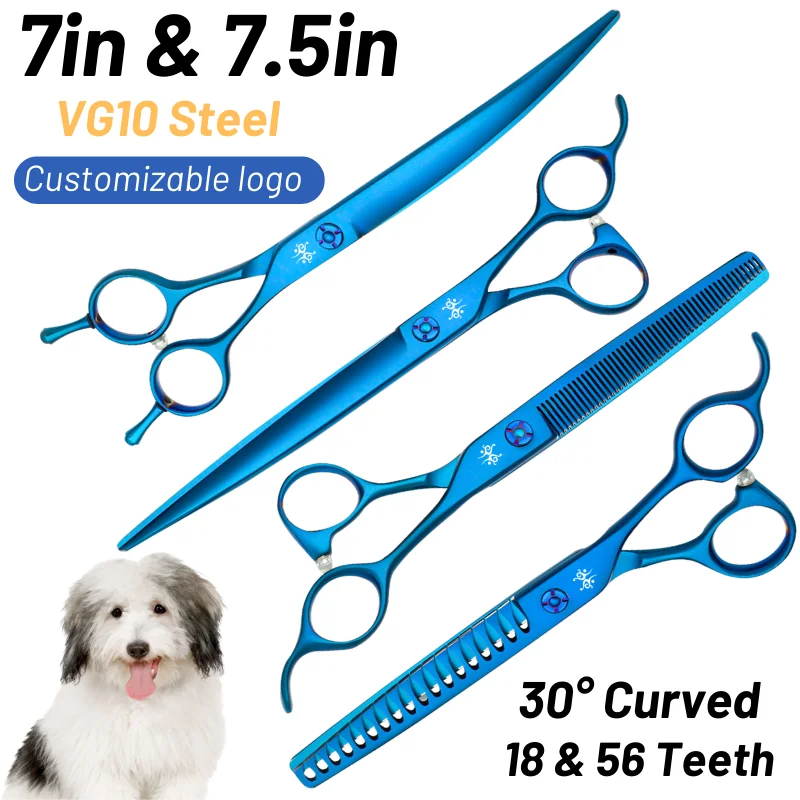 7/7.5in Dog Grooming Scissors Kit JP VG10 Steel Pet Beauty Scissors Cutting Thinning Chunker Shears 30 Degree Curved Edge 애견미용가위