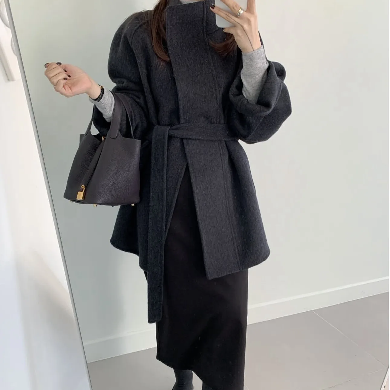 

Женское осенне-зимнее шерстяное пальто, шикарное винтажное свободное длинное пальто с поясом и поясом, модная верхняя одежда для поездок на работу