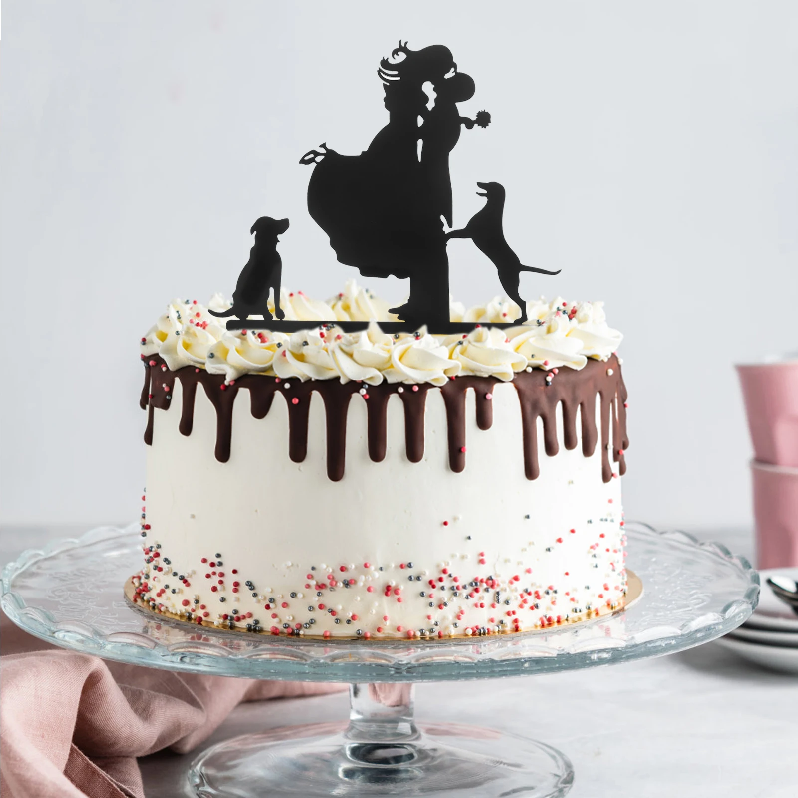 

Acrylic Black Wedding Topper Couple Acrylic Topper Dog Design Cake Toppeer Wedding Birthday Party Decoration Cake