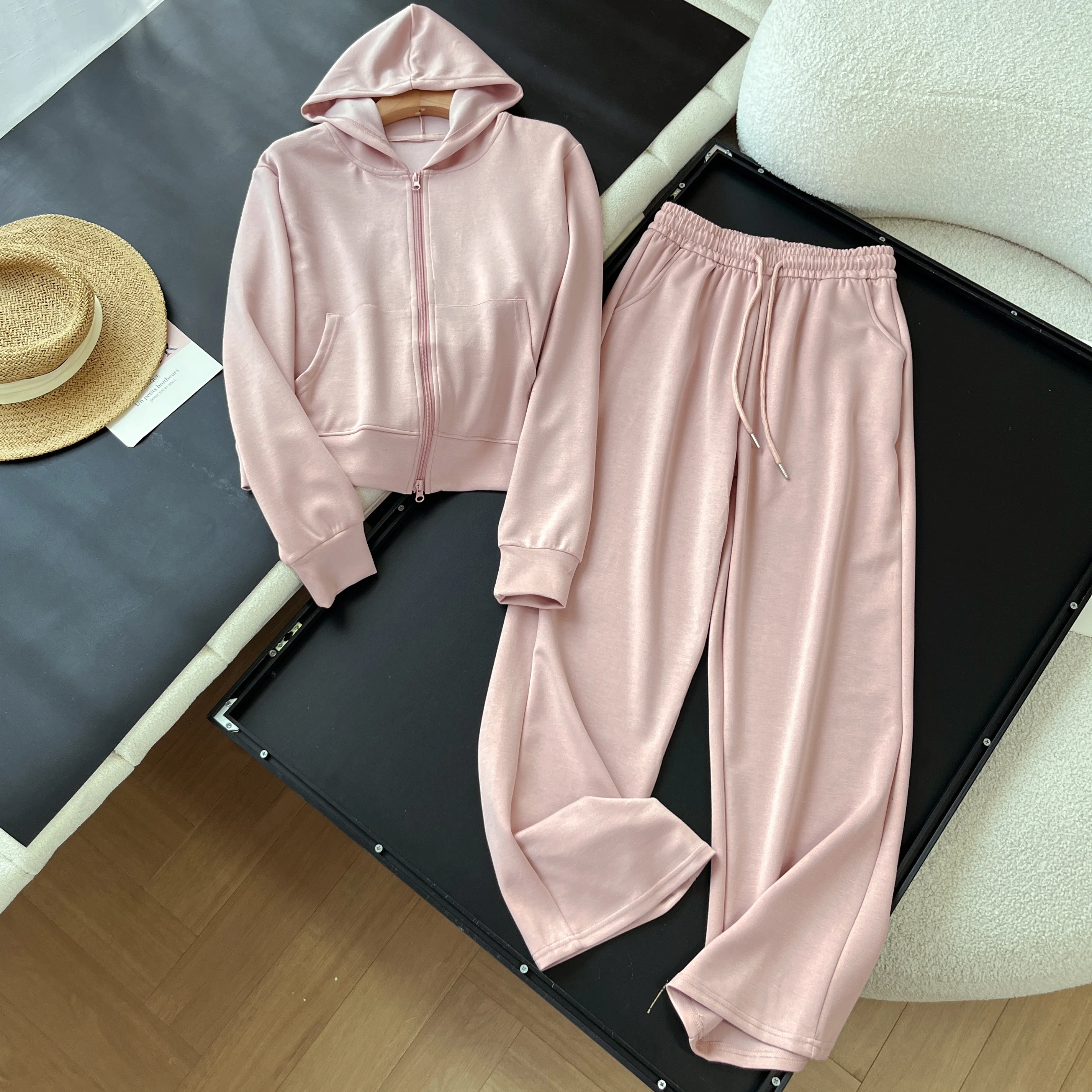 

Women's Spor Hoodie Jaet And Straight Leg Pants Set Elastic Waist ort Outerwear Autumn Faion Casual Outfit Two Pieces