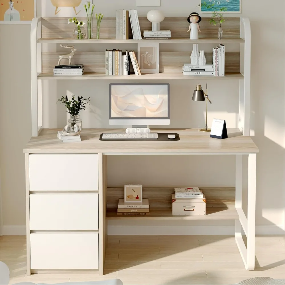 

60 Inch Desk with Drawers, Computer Desk with Hutch for Bedroom, Study Writing Desk for Small Spaces, Bottom Shelves, Adjustable