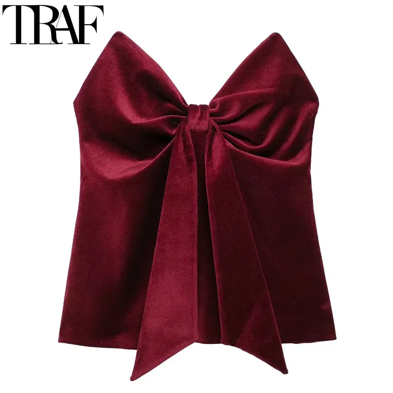 TRAF Strapless Crop Top Women Off Shoulder Corset Woman Tube Tops Velvet Knot Butterfly Top Backless Sexy Top Daring Tank Tops