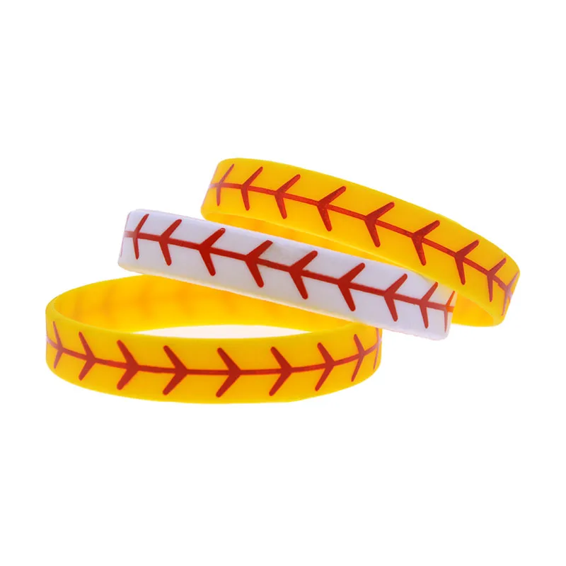 50 Stück bedruckte Silikonarmbänder, 1/2 Zoll breit, im Sportstil, aus Gummi, in Weiß und Gelb. – Detail 4