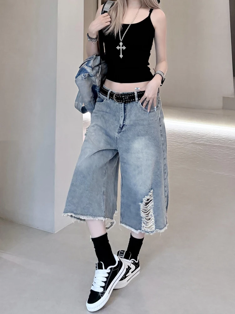 Sweet Cool Spicy Girl American Style Frayed Hole Seven-Foot Women's Jeans Summer Design Loose Straight Leg Wide Leg Mid-Pants