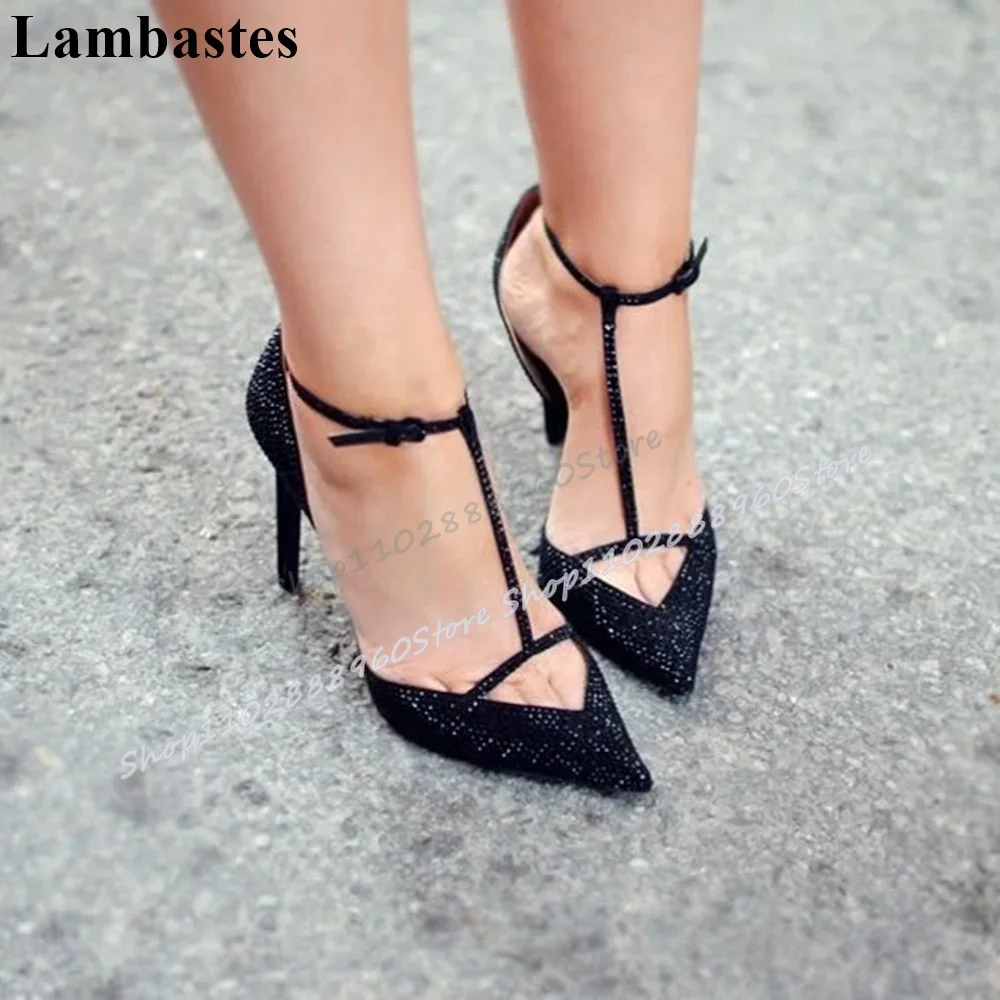 

Black Sparkling Crystals T Strap Sandals Stilettos High Heel Women Shoes Buckle Strap Pointed Toe Luxury Banquet Women Sandals