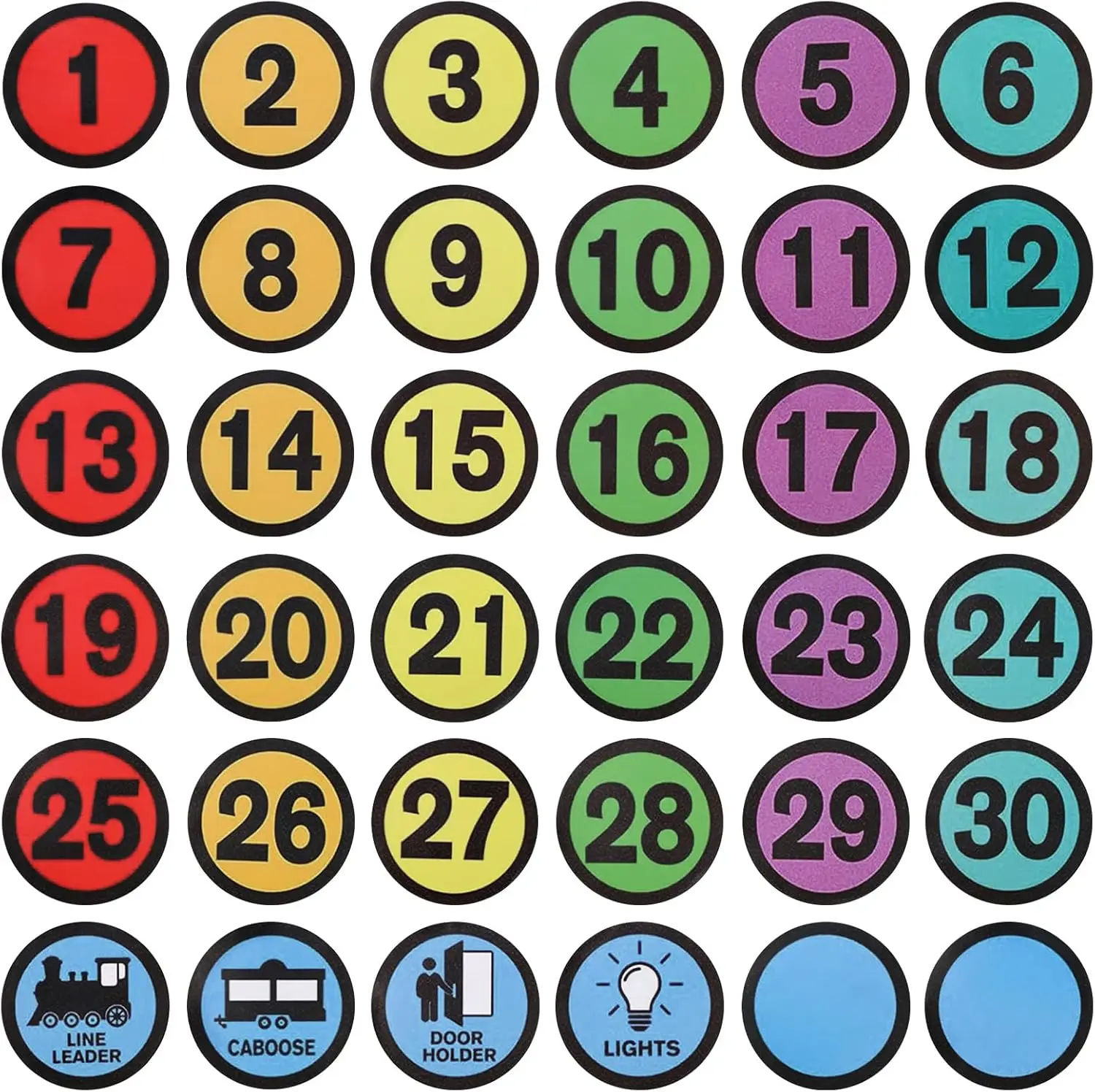 36pcs Floor Line Up Stickers, 4 Inch Number Spot Markers Stickers for Classroom Floor Colorful Sit Number Dots Labels Decoration