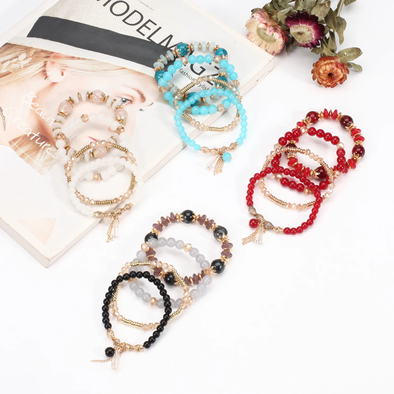 Bohemian Bracelets for Women Stretch Multilayer Colorful Beads Bracelet with Charm Jewelry