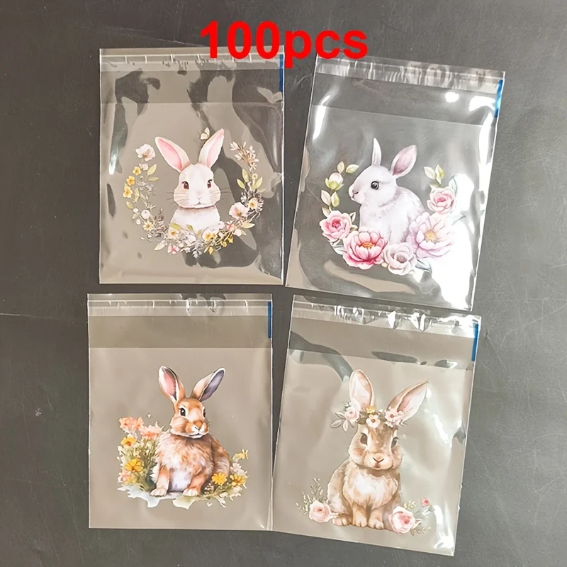 100/200 Stück Geschenktüten mit Osterhasen- und Blumenmuster, niedliches Hasen- und Frühlingsblumenmuster, transparente, selbstklebende Beutelverpackung – Detail 14