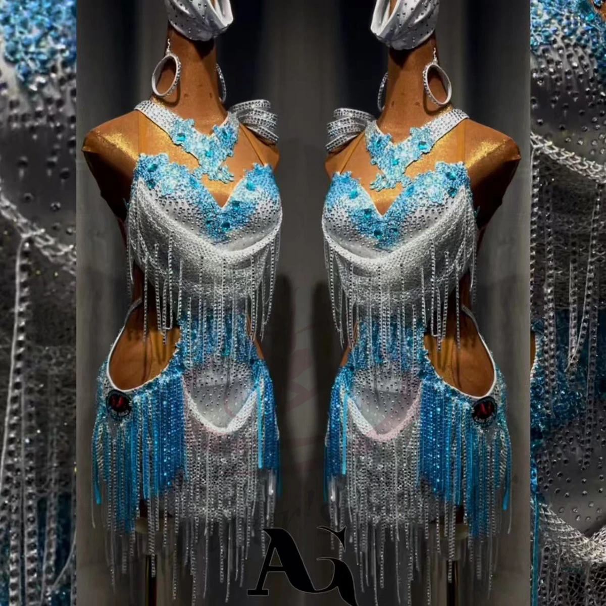 

Latin Dance Costume AB Stone Female Adult Children High-End Customized Narcissus Sparkling Diamond Net Black Pool Samba Dress