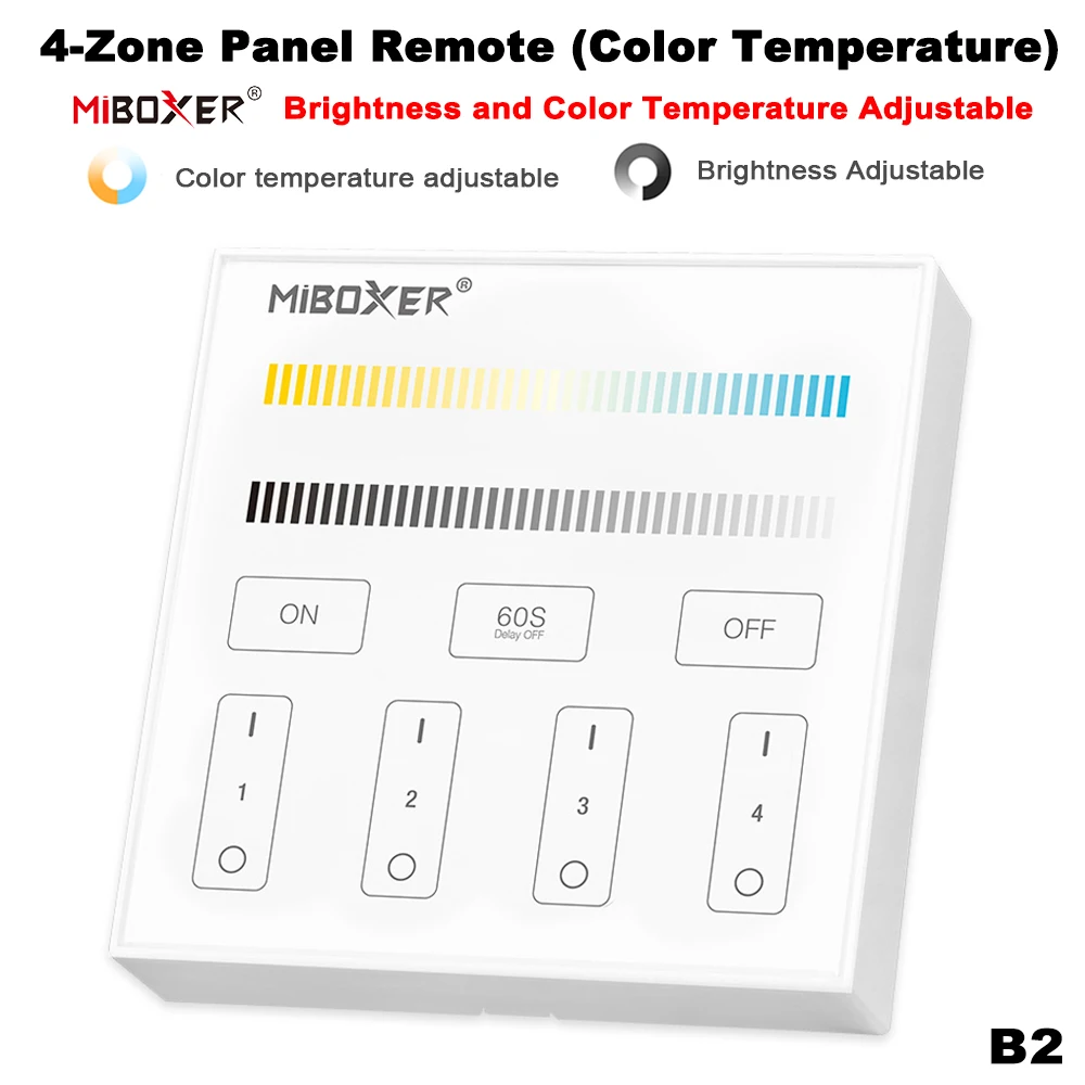 Miboxer B2 2.4G 4-strefowy 86, panel dotykowy, regulacja jasności, wyłącznik czasowy, temperatura barwowa/podwójny biały do lamp LED/sterownik