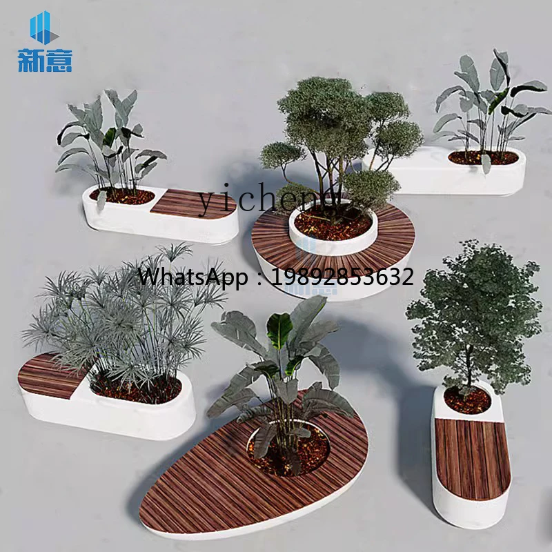 Wooden Leisure Chair Mall Waiting Area Long Chair Outdoor Garden Landscape Creative Flower Pot Seat Stool