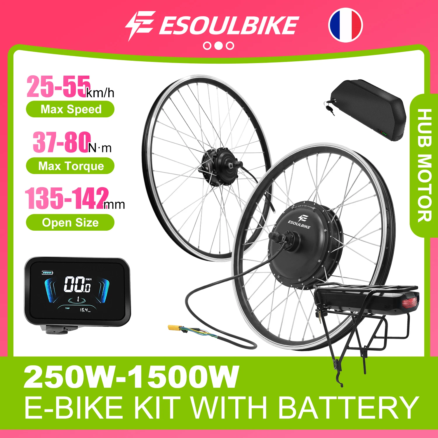 ESOULBIKE48V1500WHubMotorEbikeSetswithBattery1000W500WCasseetteDisc/V-Brake36V250WFrontwheelhubmotorElectricBikeConversionKitebikeKitincludeTubeandTriangleBattery