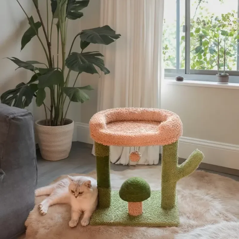 Multi Functional Modern Activity Center Cat Tree with Wood & Sisal Mushroom Design Eco-friendly Carton Packaging