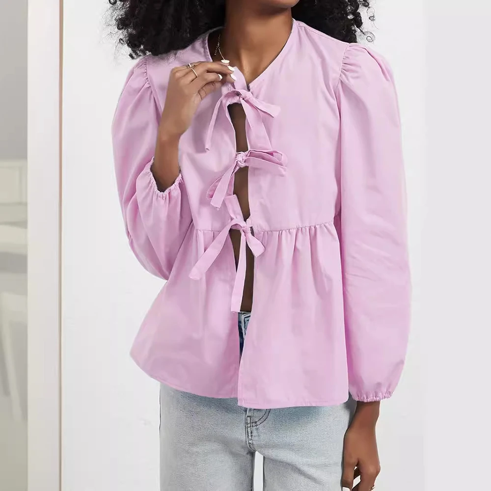 Women Elegant Lace Up Shirt Spring Summer Casual Long Sleeve O Neck Ruffles Loose Blouse Female Solid Chic Tops Street OL Shirt