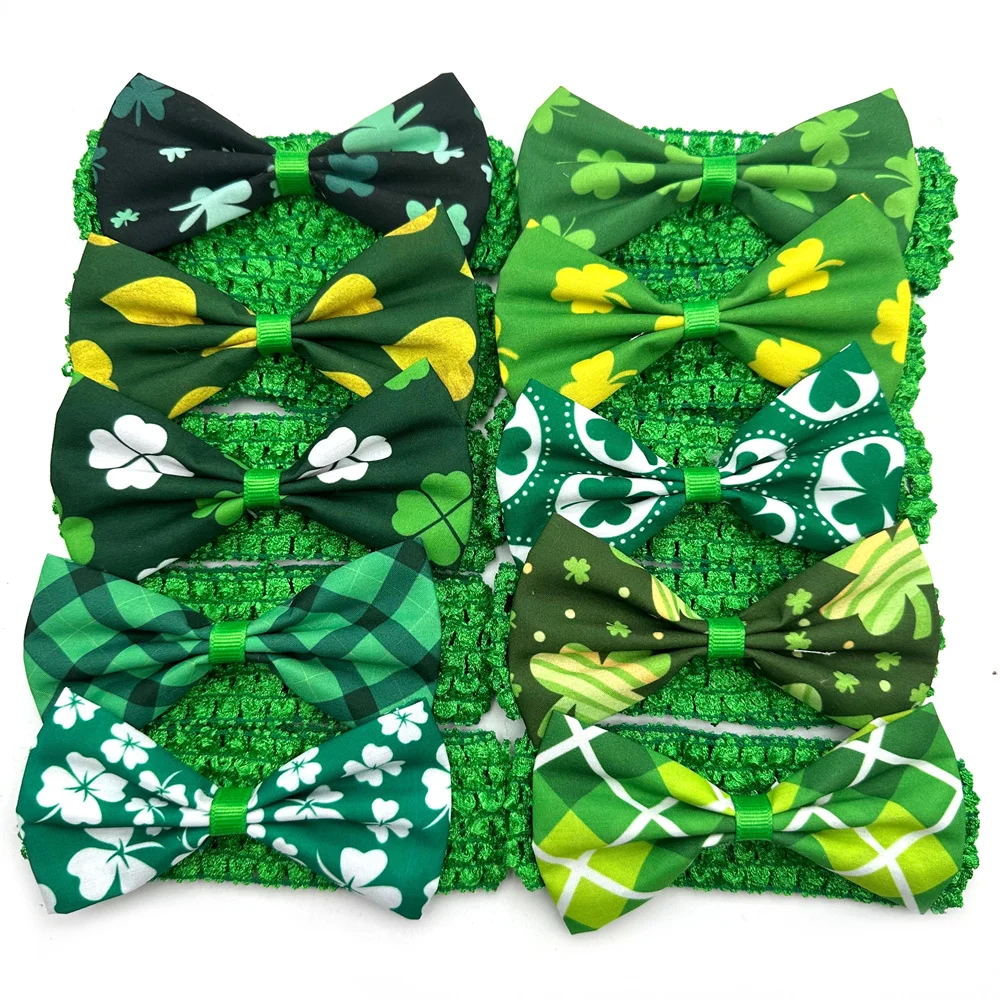 30/50 Pcs ST Patrick's Day Dog Collar Pet Bow Tie with Elastic Band Green Clover Style for Small Middle Large Dog Accessories