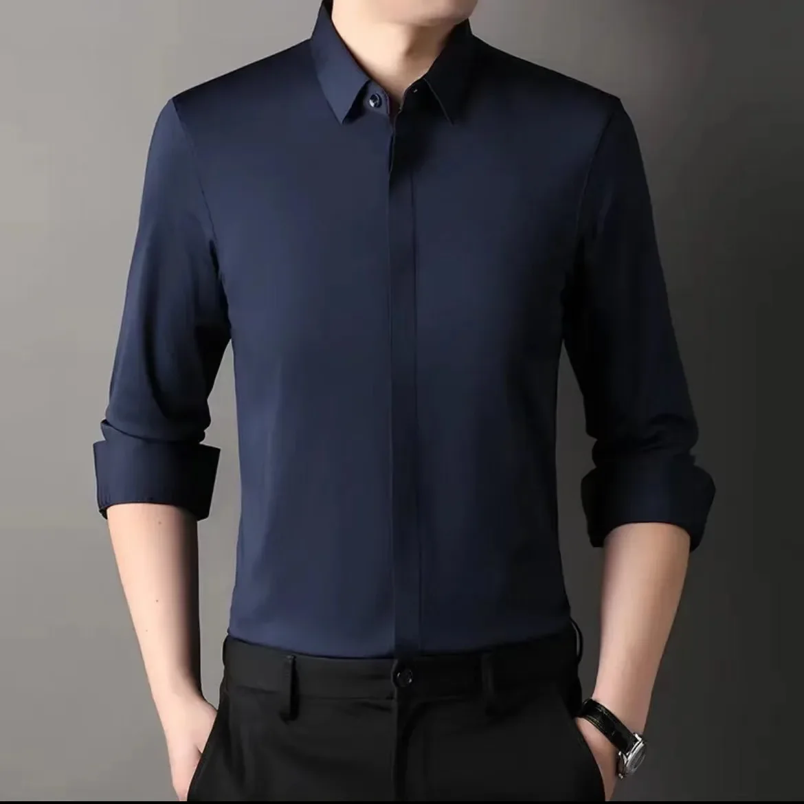 LIBIELIY New Men's Long Sleeved Concealed Placket Shirt, Business Seamless, Wrinkle Resistant, Non Ironing, High Elasticity