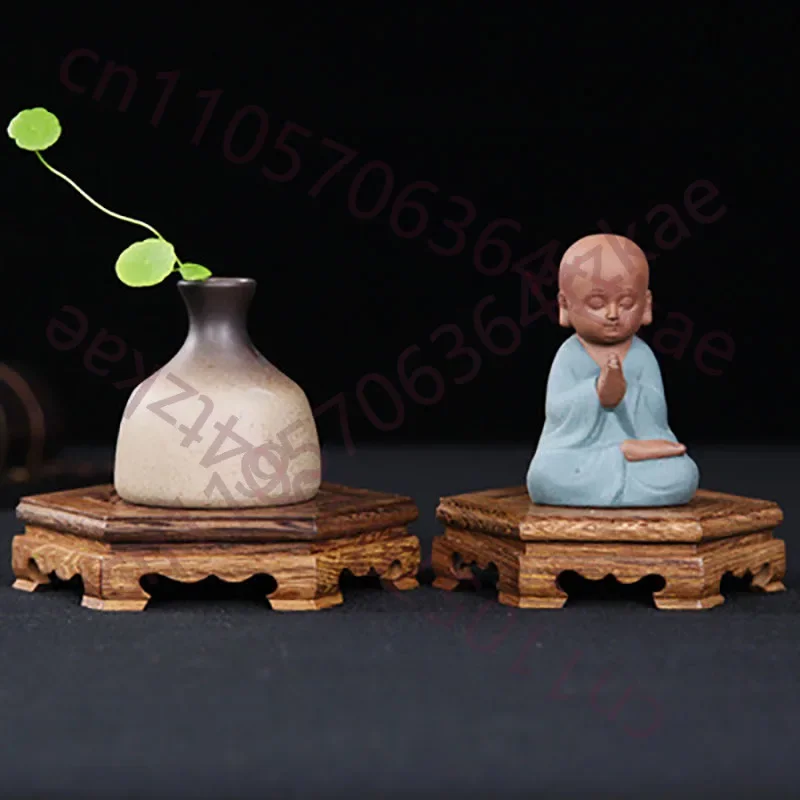 Solid Wood Hexagonal Purple Clay Pot Tea Set Base, Mahogany Chicken Wing Wood Vase, Flower Bonsai Wood Bracket