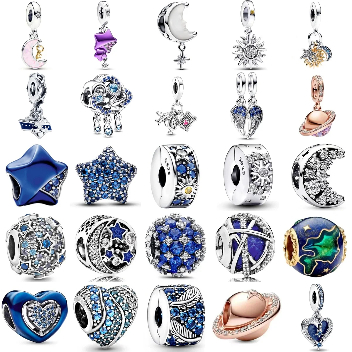 New 925 Silver Space Deep Blue Series Star Moon Fine Charm Beads Fit for Original Bracelets DIY Boutique Jewelry Accessories