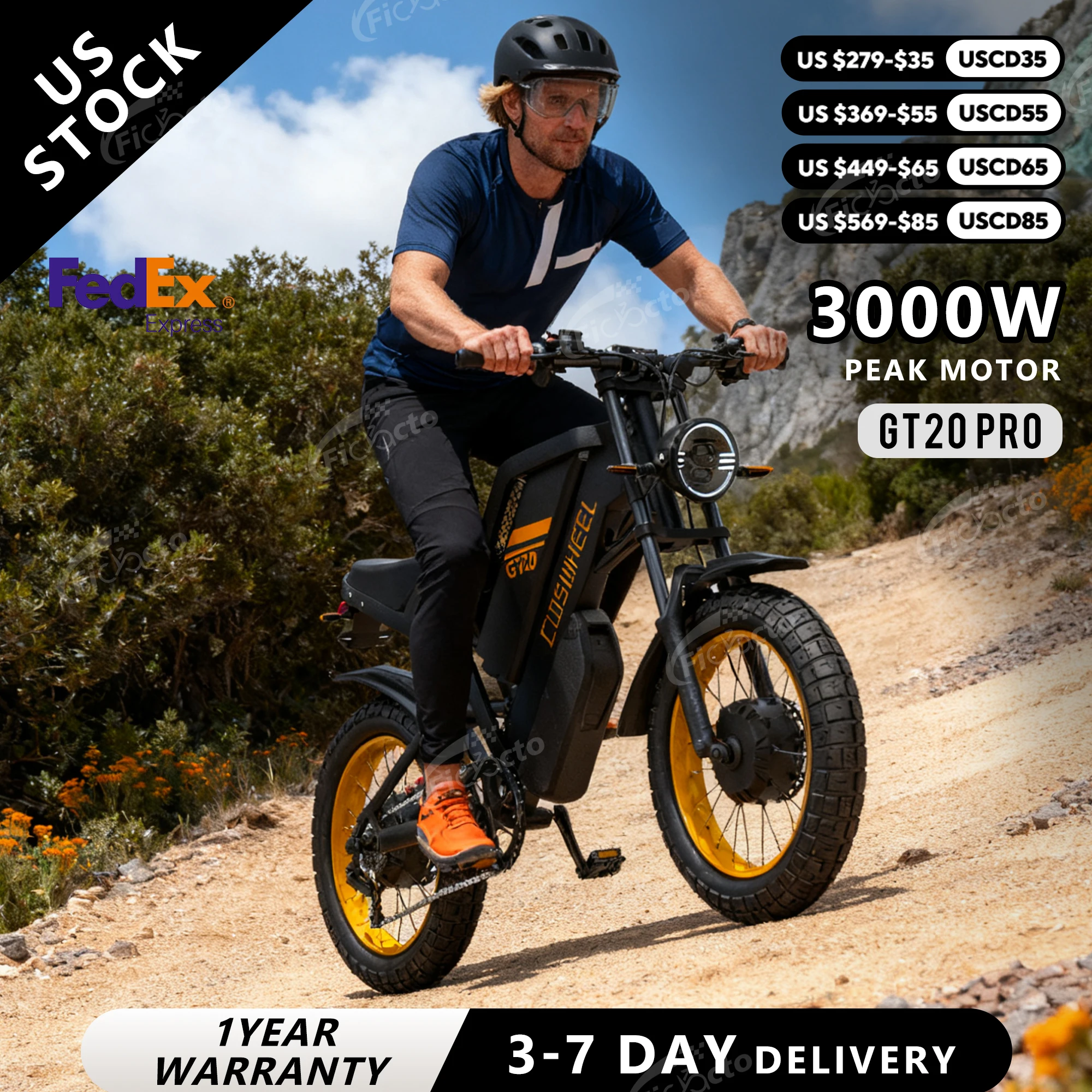 COSWHELL E Bike GT20 Pro 3000W Peak Electric Dual Motorrad 48V40AH Mountainbike Elektrofahrrad Erwachsene Off-Road 20'' Fat Tire Fahrrad